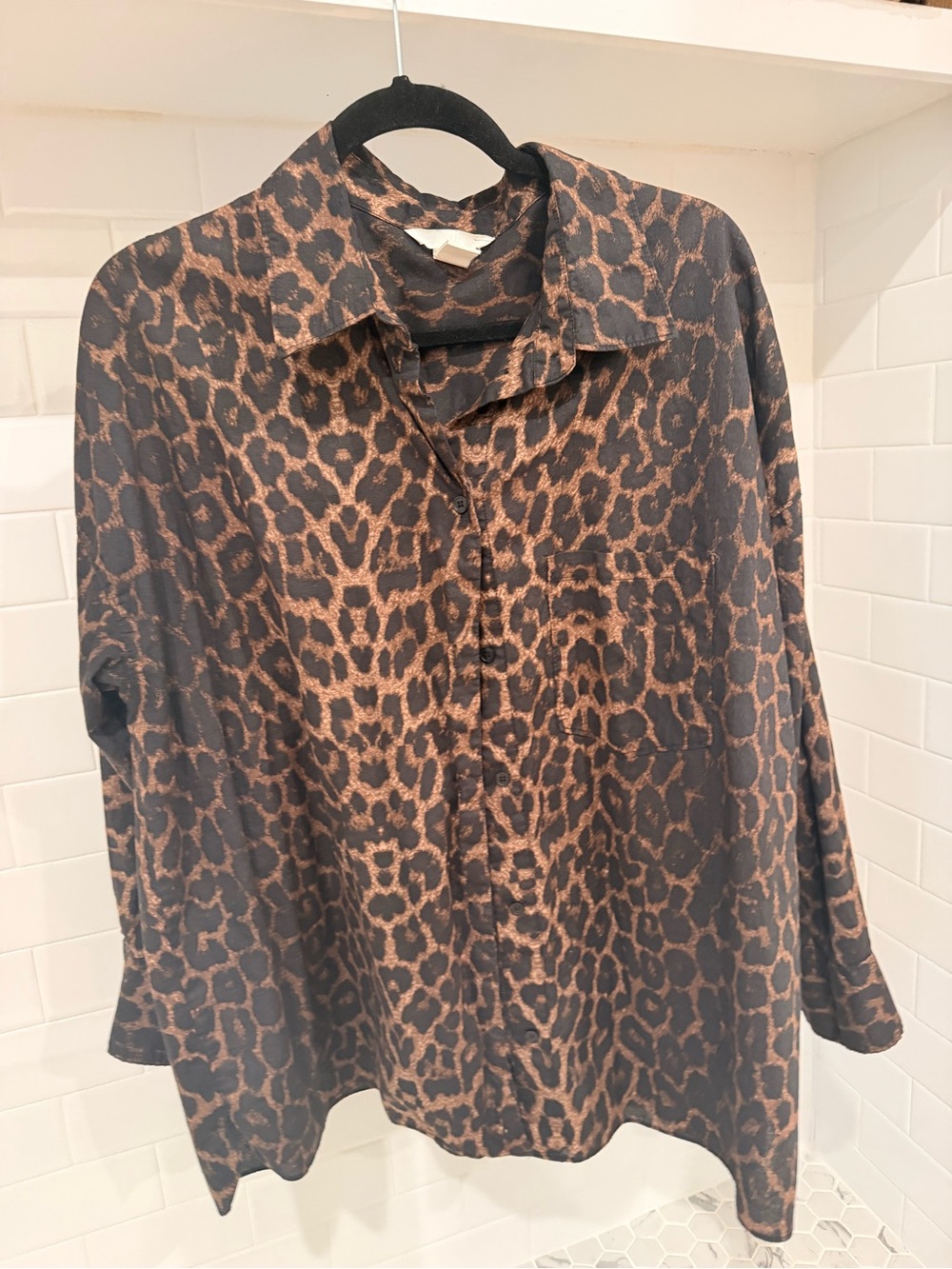 H&M Leopard Print Button-Up Blouse - Brown & Black